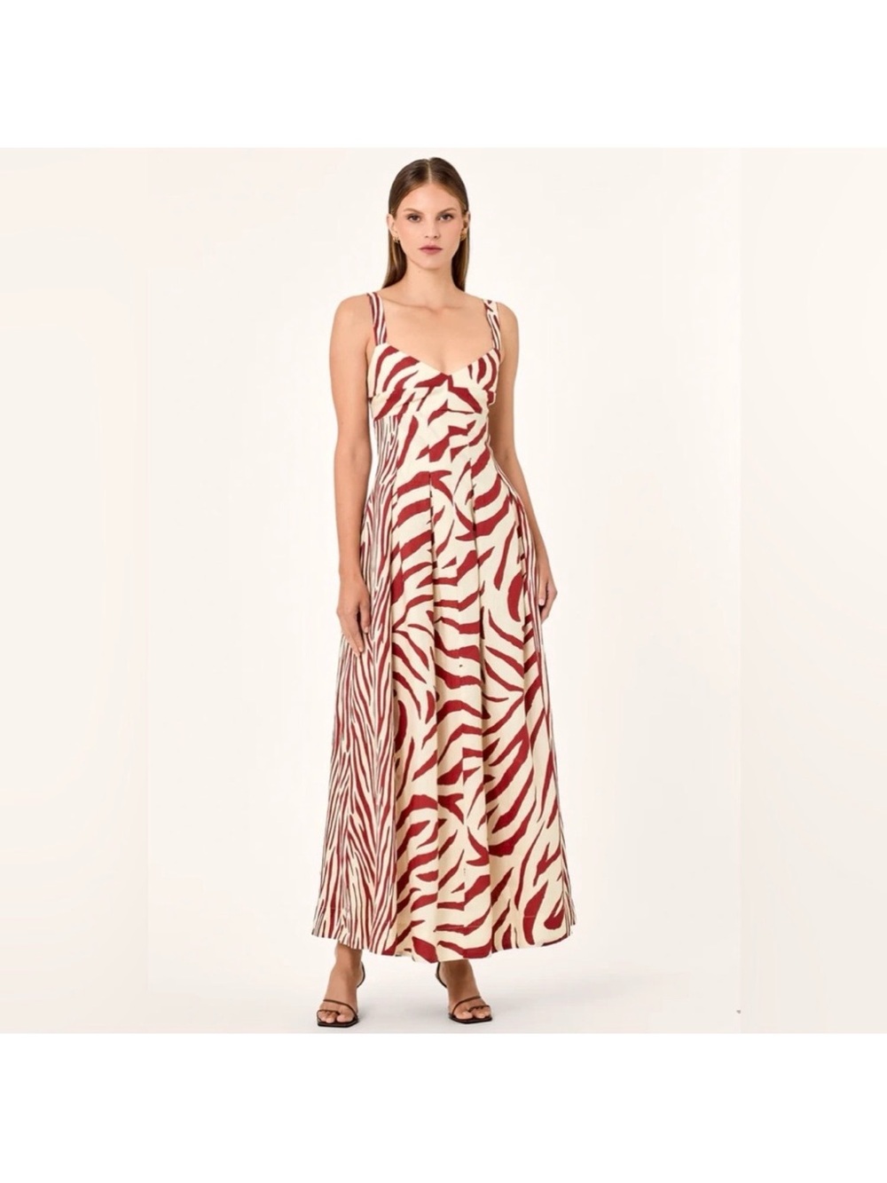 NICHOLAS Red and Cream Zebra-Print Strappy Maxi Dress 100% Linen